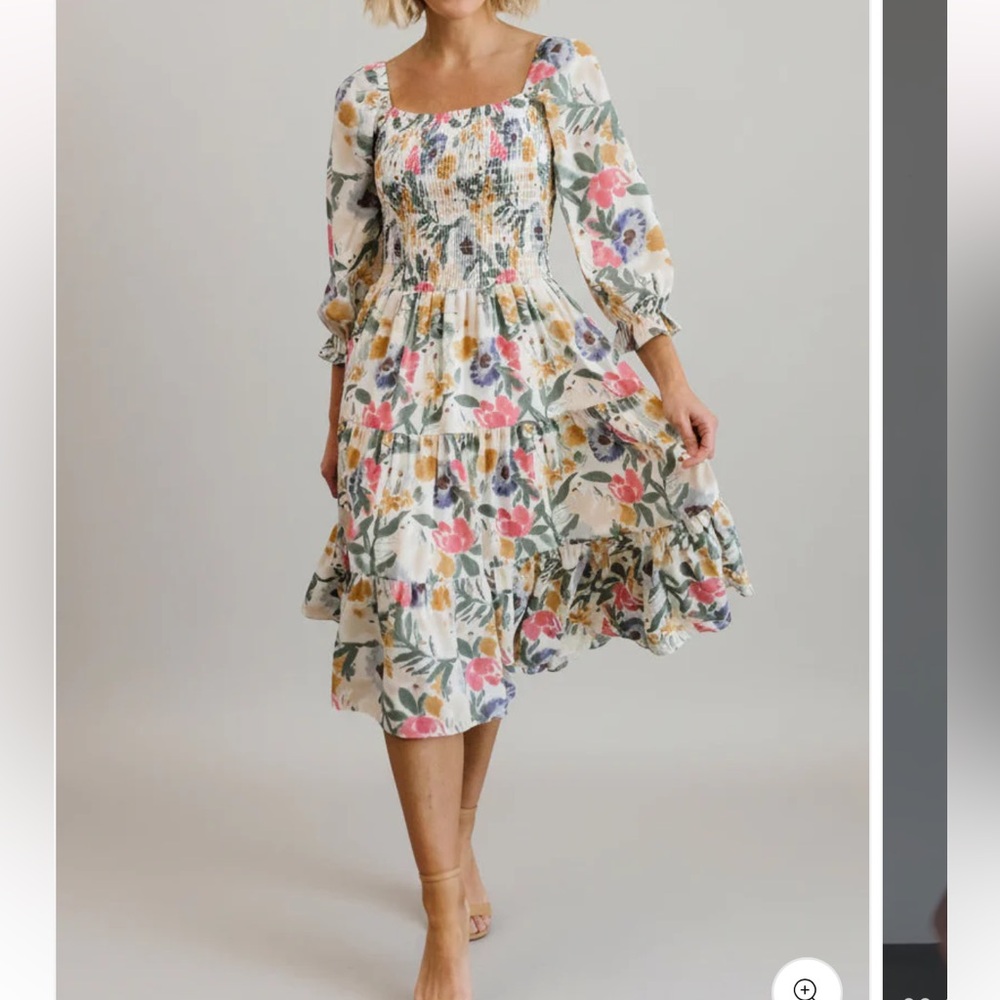 Baltic Born Marta Smocked Midi Dress with Pink and Yellow Blossoms